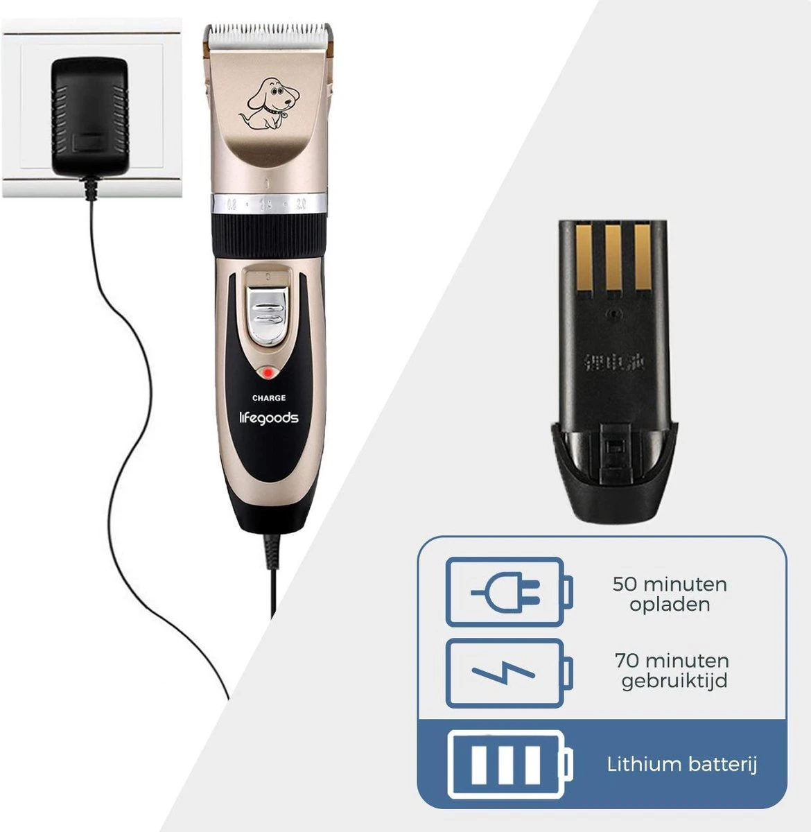 LifeGoods Hondentondeuse - Voor Katten En Honden - Complete Set - 5 Standen - Draadloos - Oplaadbaar - Goud/Zwart 5 LifeGoods Hondentondeuse - Voor Katten En Honden - Complete Set - 5 Standen - Draadloos - Oplaadbaar - Goud/Zwart - Afbeelding 3