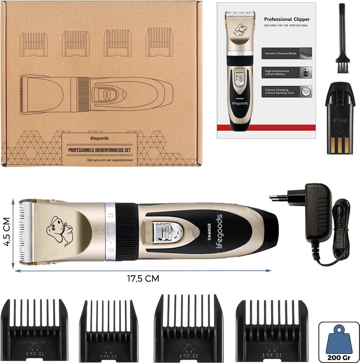 LifeGoods Hondentondeuse - Voor Katten En Honden - Complete Set - 5 Standen - Draadloos - Oplaadbaar - Goud/Zwart 6 LifeGoods Hondentondeuse - Voor Katten En Honden - Complete Set - 5 Standen - Draadloos - Oplaadbaar - Goud/Zwart - Afbeelding 4