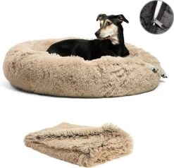 Filo Hondenmand 60cm Met Deken & Rits – Crème – Geschikt Als Kattenmand - Fluffy Donut Hondenbed Lichtbruin - Honden Mand & Bed – Hondenkussen – Kussen Hond – Katten Mand