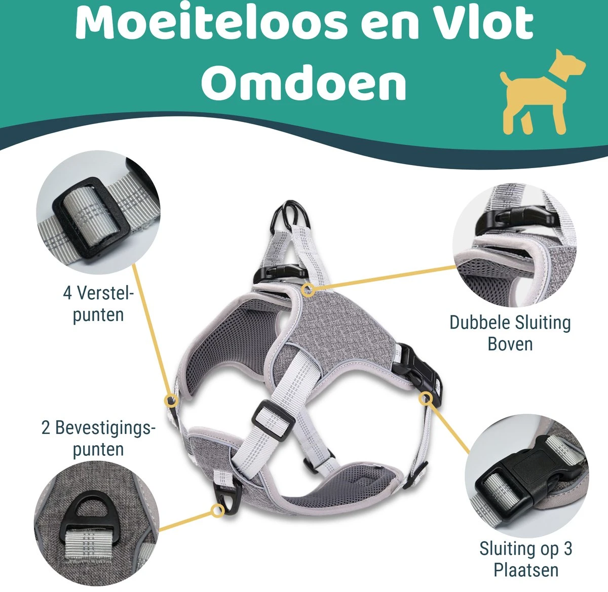 Mmoods Hondentuigje Grijs - Anti-Trek Tuig - Hondenharnas Voor Grote Honden- Reflecterende Halsband Hond - Hondenhalsband Maat L 6 Mmoods Hondentuigje Grijs - Anti-Trek Tuig - Hondenharnas Voor Grote Honden- Reflecterende Halsband Hond - Hondenhalsband Maat L - Afbeelding 4