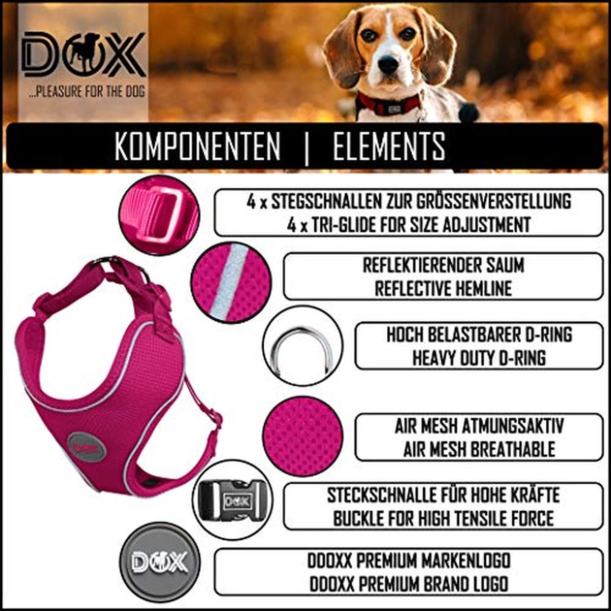 DDOXX Hondenharnas, Reflecterend, Verstelbaar, Breakaway | Borstharnas Voor Klein, Middelgroot | Hondenharnas Hond Kat Puppy Auto | Kattenharnas Puppy Harnas | Roze Roze, S 4 DDOXX Hondenharnas, Reflecterend, Verstelbaar, Breakaway | Borstharnas Voor Klein, Middelgroot | Hondenharnas Hond Kat Puppy Auto | Kattenharnas Puppy Harnas | Roze Roze, S - Afbeelding 2