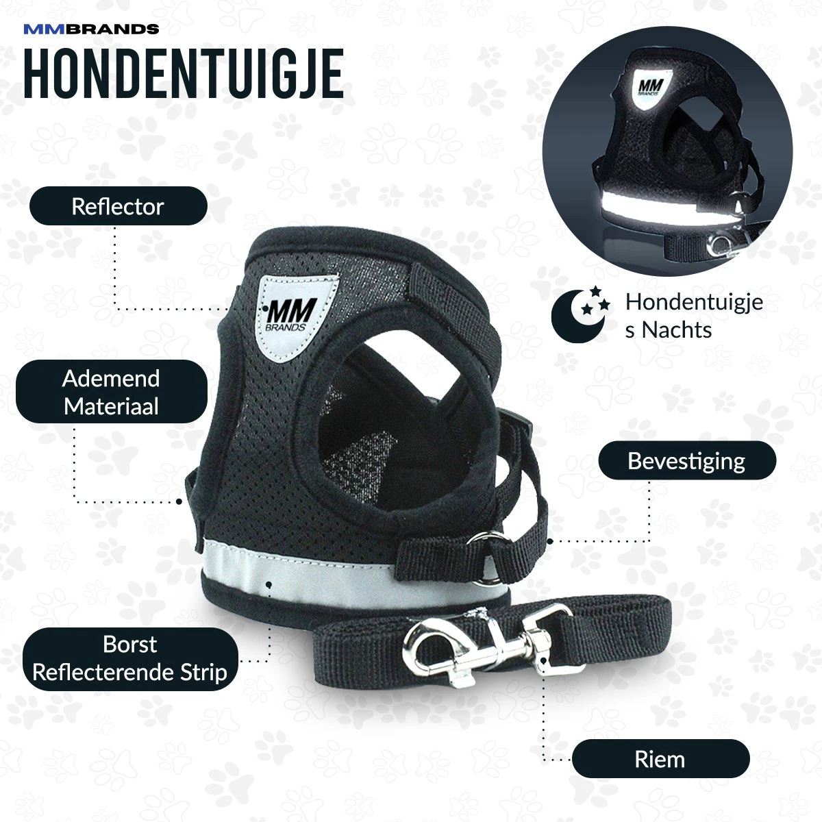 MM Brands Hondentuig - Harnas Hond - Y Tuig - Reflectie - Small - Zwart 9 MM Brands Hondentuig - Harnas Hond - Y Tuig - Reflectie - Small - Zwart - Afbeelding 7